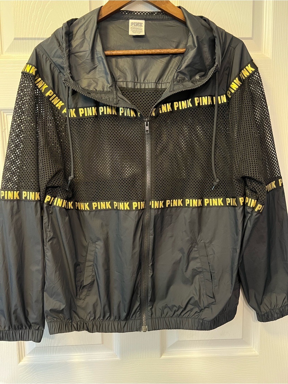 PINK Victoria's Secret Black Mesh Jacket with Yellow Logo Tape